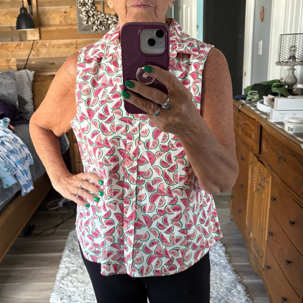 J. Crew White Sleeveless Button-Front Top with Pink Watermelon Print